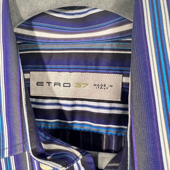 Etro Men’s Long Sleeves Button-Down Shirt Size 37 in Etro Blue Striped - Picture 4 of 14